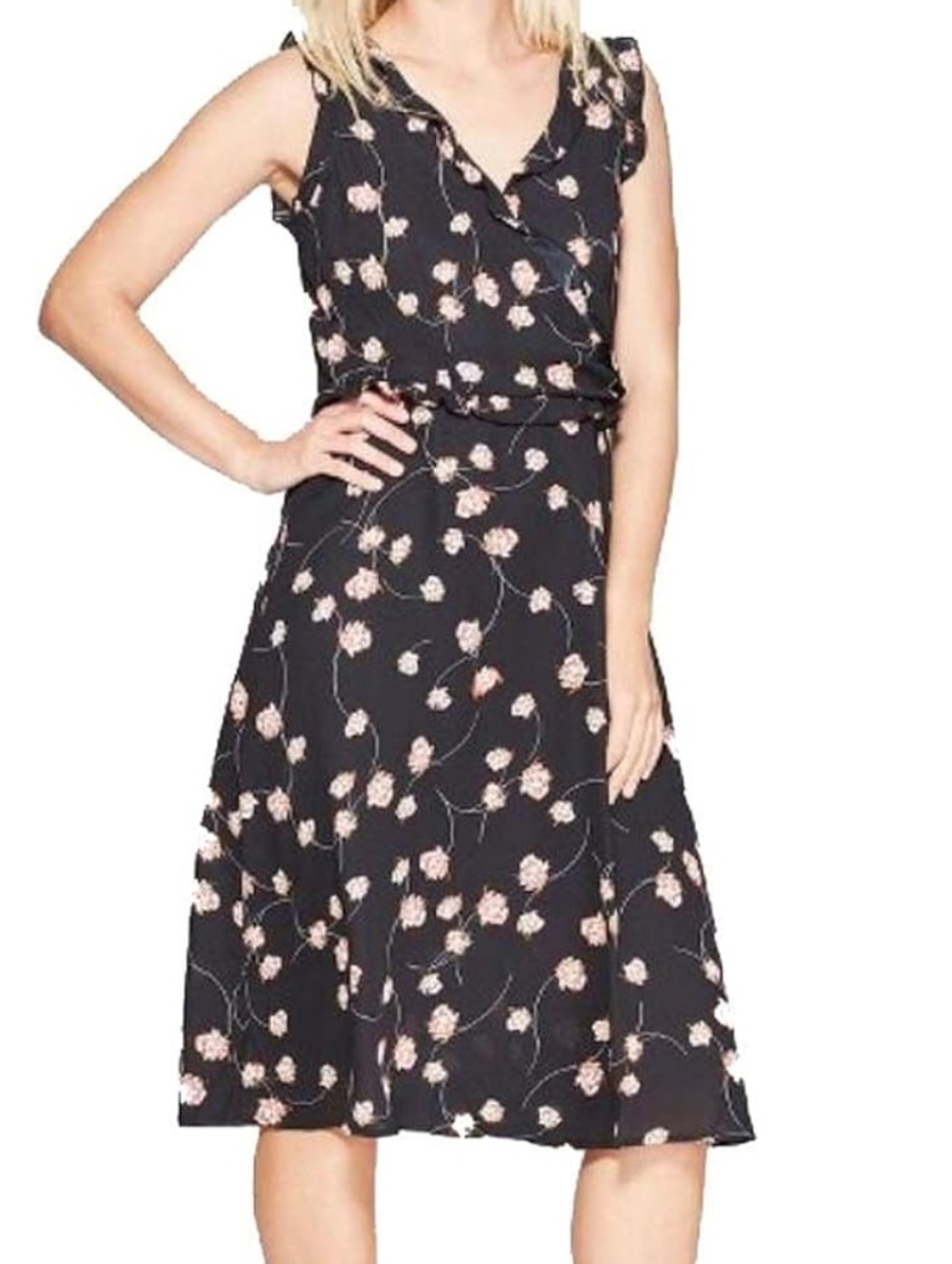 Who What Wear Floral Midi Dress Size XL Black Pink Frill Ruffle Faux Wrap  New